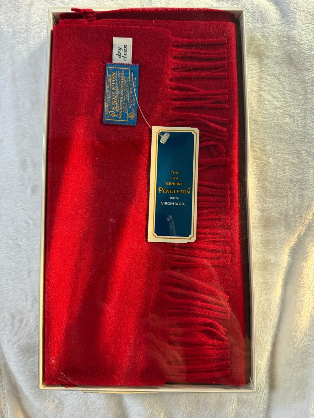 Vintage Pendleton Bright Red Virgin Wool Fringe scarf - new in box